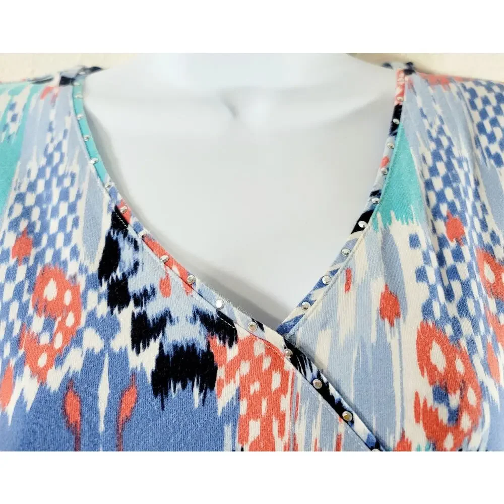Ruby Rd. Blue White Orange Abstract Print V Neck Top Large Lightweight Soft